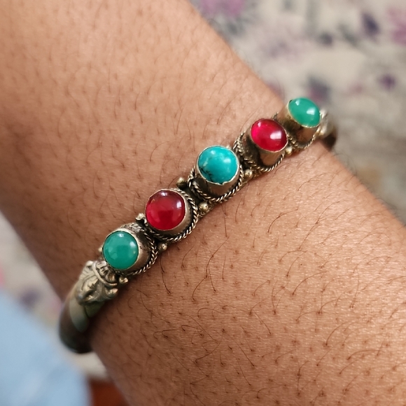 Vintage Jewelry - Sterling Silver Turquoise Red Gemstone Bracelet Cabochon Link Vintage